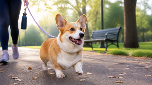 Red and white Pembroke Welsh Corgi walking in a city park