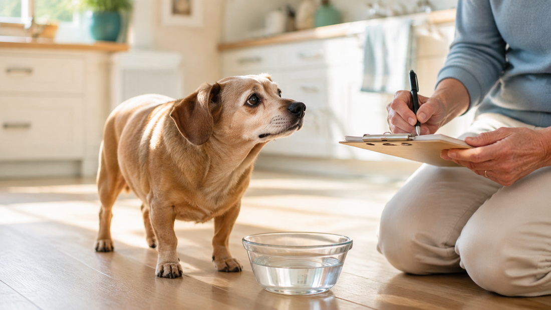 Older tan Dachshund mix beside a water bowl while its owner records water intake
