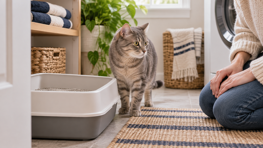 Gray tabby beside a clean litter box while an owner watches for urinary signs