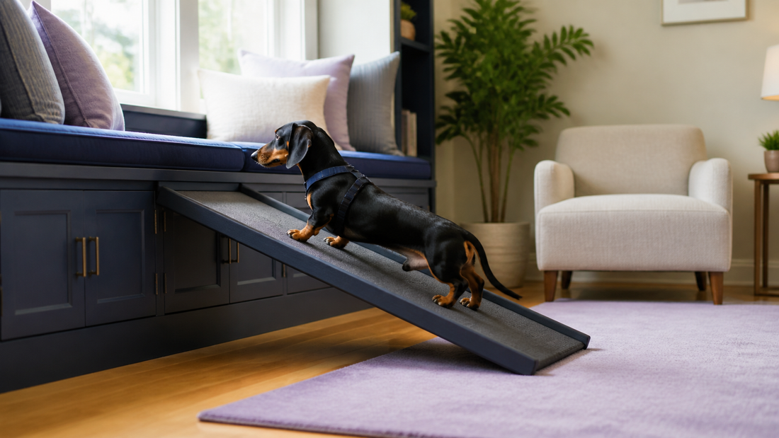 Black and tan Dachshund using a non-slip navy ramp in a bright living room