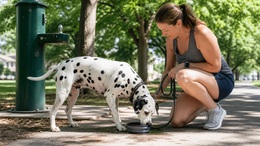 Owner giving a Dalmatian fresh water from a travel bowl after a walk in a shaded neighborhood park