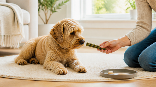 Owner supervising a dog receiving an appropriately sized dental chew