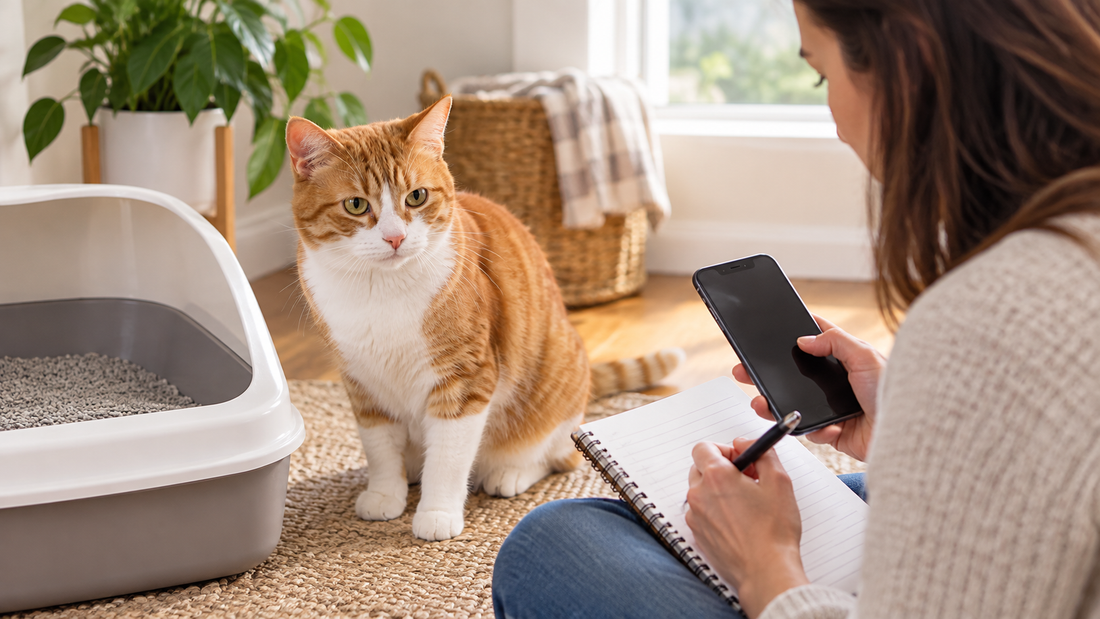 Owner recording symptoms beside an orange-and-white cat and clean litter box