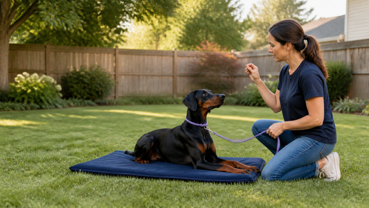 Natural-eared Doberman practicing calm reward-based place training on a navy mat