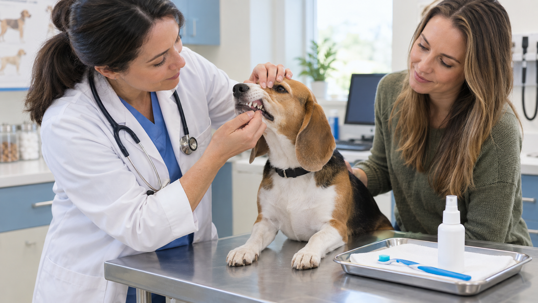 Veterinary professional checking an adult Beagle's mouth beside a dog toothbrush and plain oral spray
