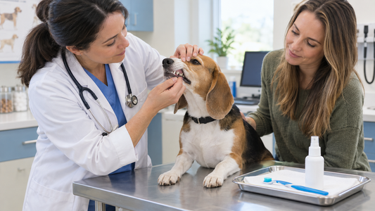 Veterinary professional checking an adult Beagle's mouth beside a dog toothbrush and plain oral spray
