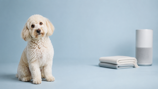 White poodle mix beside clean folded fabric and a home air purifier