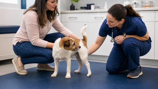 Veterinarian calmly checking a small terrier for rear-end discomfort in an American exam room