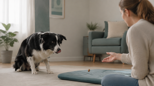 Anxious Border Collie approaching a treat on a mat while its owner gives space