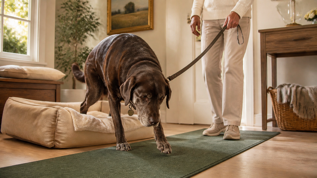 Senior dog rising from a supportive bed onto a nonslip runner