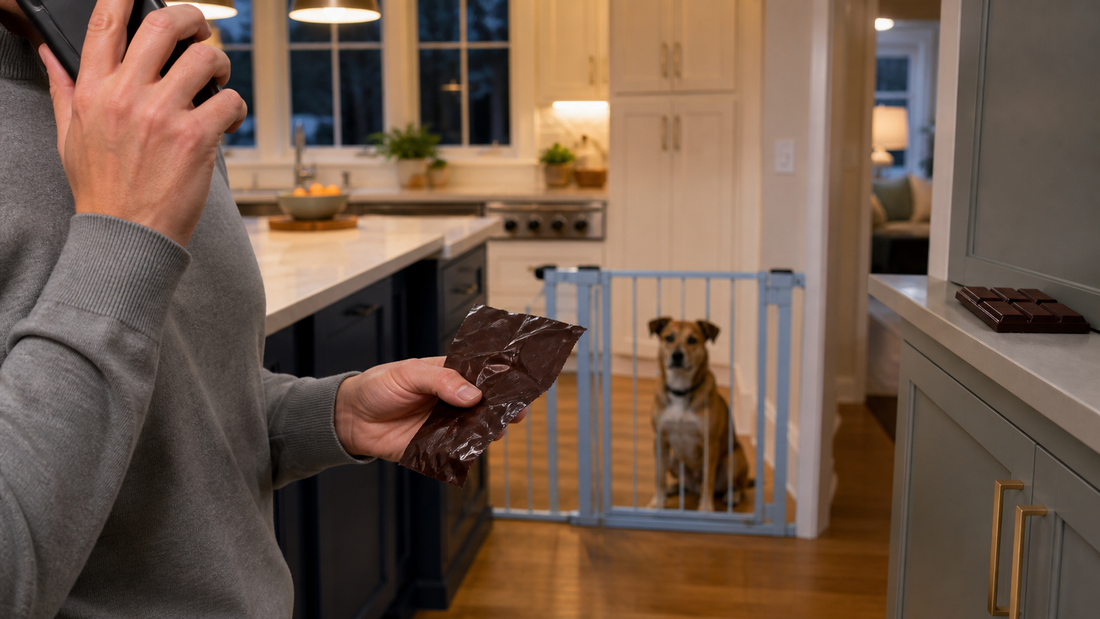 Owner calling a veterinarian with a torn chocolate wrapper while the dog waits behind a gate