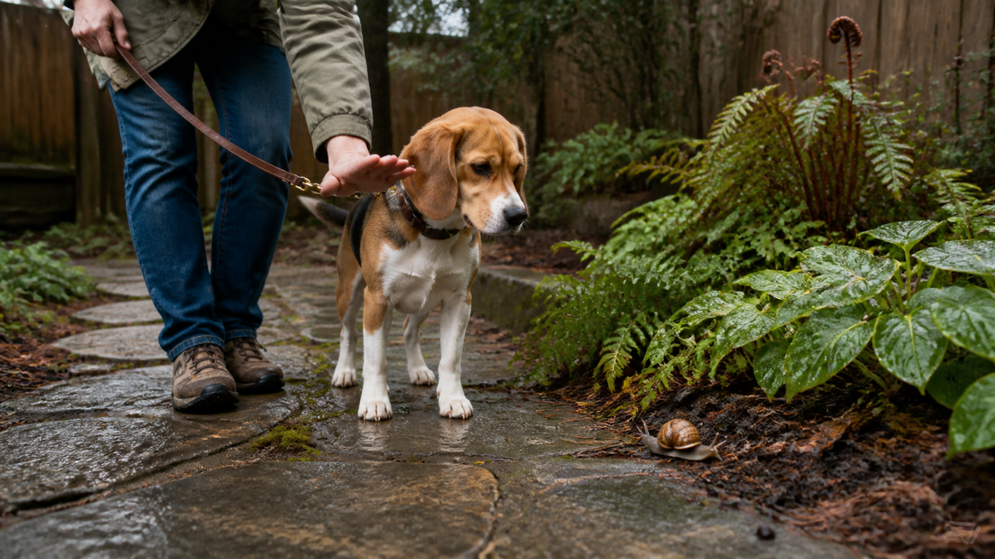 Owner redirecting a curious Beagle away from a garden snail on a wet American backyard path