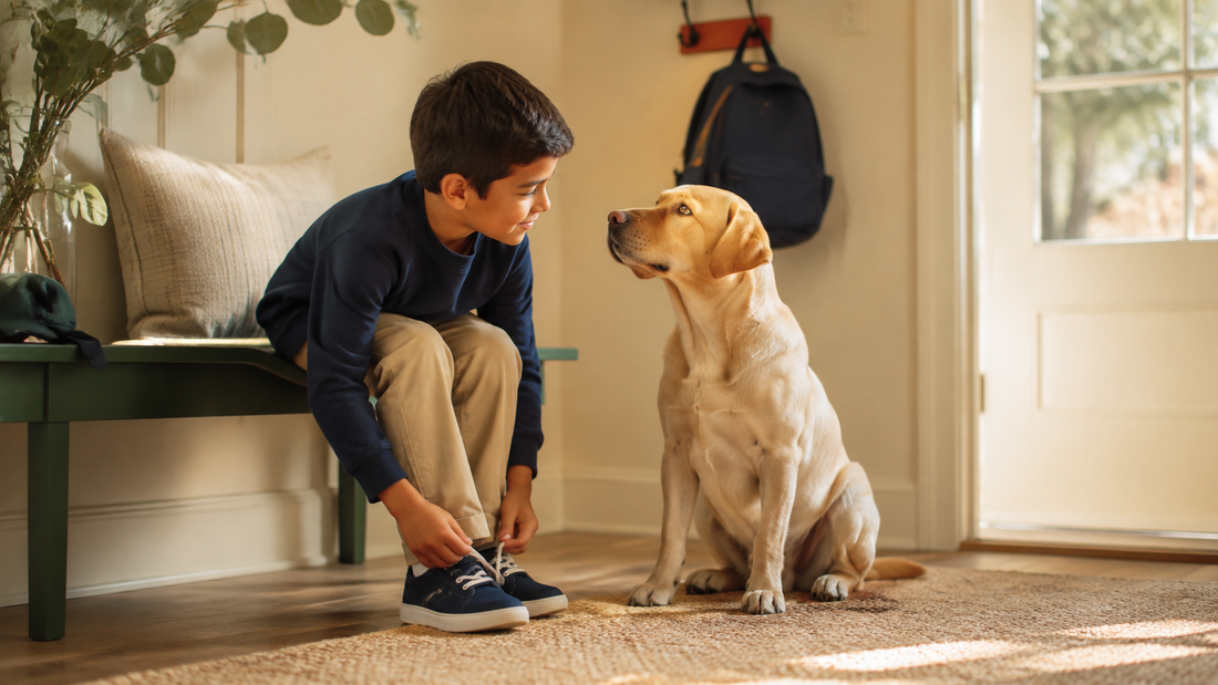 Child tying his shoes beside a Labrador before school