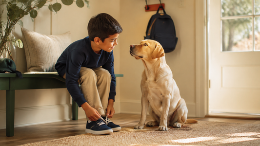 Child tying his shoes beside a Labrador before school