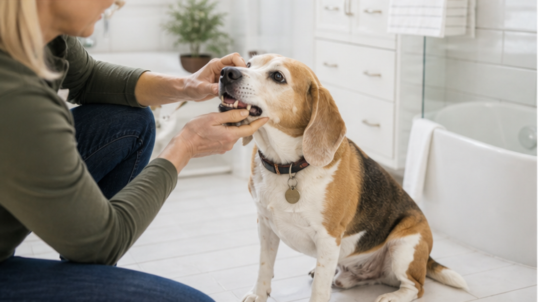 Owner gently lifting a senior beagle's lip during an at-home mouth check