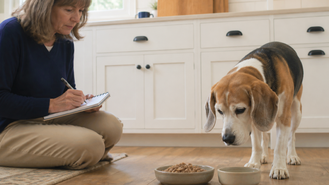 Senior beagle approaching softened complete dog food while its owner records intake