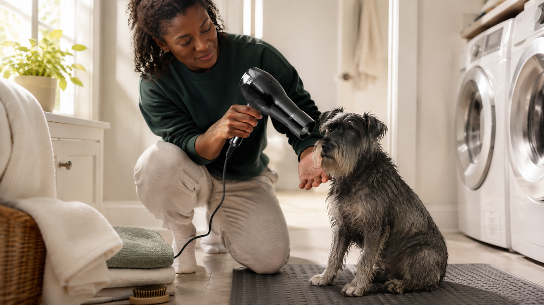 Owner using a cool pet dryer at a safe distance from a wet miniature schnauzer on a nonslip mat