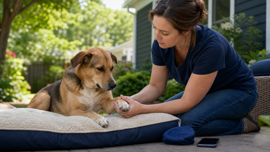 Owner calmly checking a dog's paw after a possible bee or wasp sting