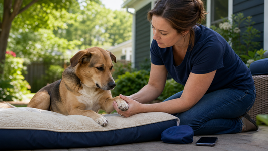 Owner calmly checking a dog's paw after a possible bee or wasp sting