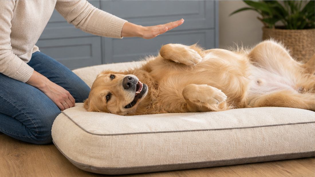 Relaxed golden retriever belly-up while its owner pauses before petting