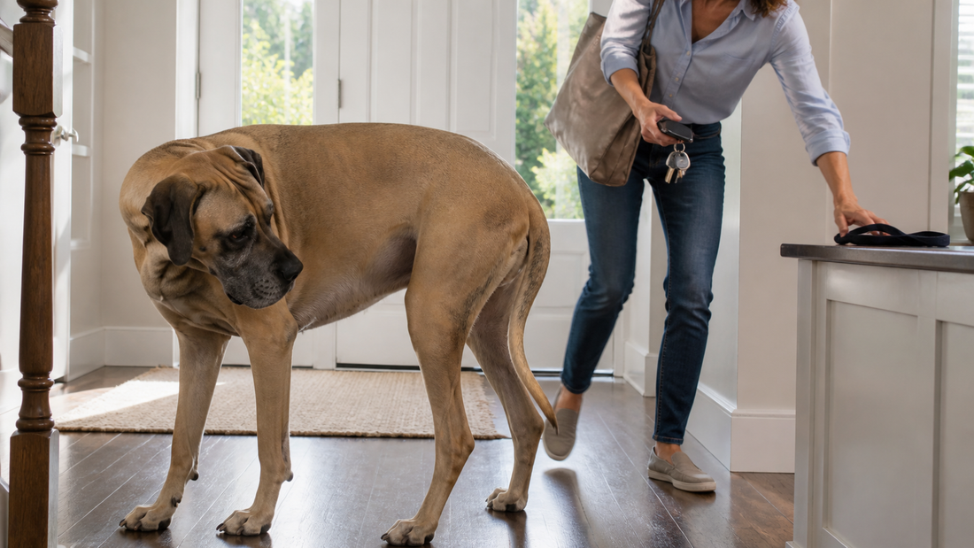 Great Dane showing possible bloat signs as an owner prepares for emergency veterinary care