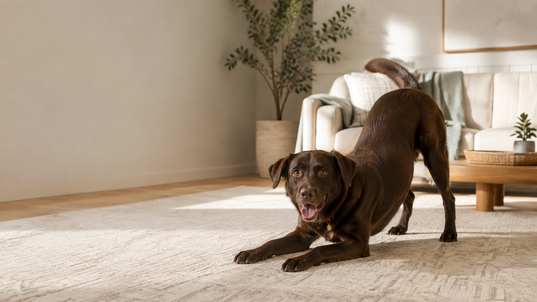 Chocolate brown dog showing a relaxed play bow in a bright living room