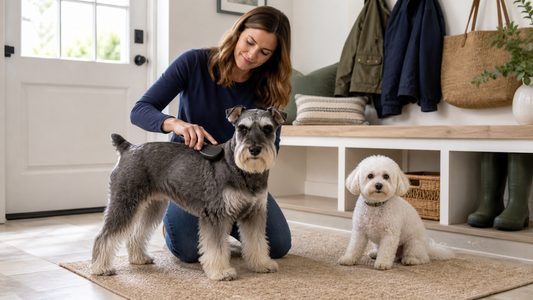 Owner gently brushing a Standard Schnauzer while a Bichon Frise waits calmly in a bright American mudroom