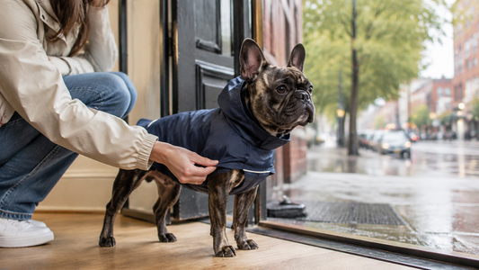 Owner checking the fit of a navy rain jacket on a brindle French bulldog