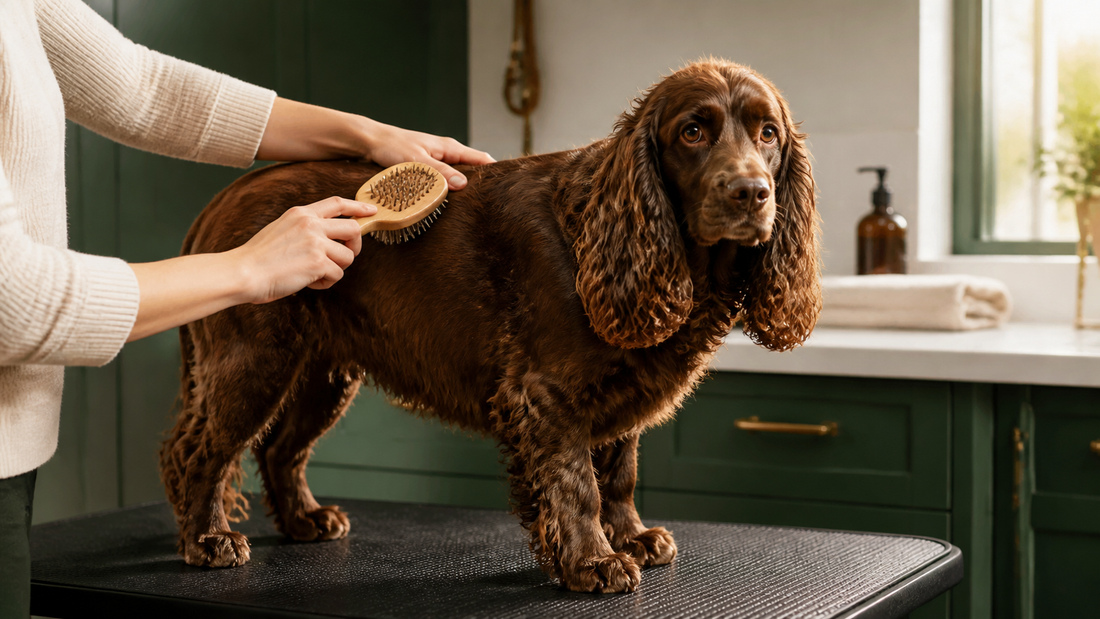 Owner gently brushing a chocolate spaniel on a nonslip grooming mat