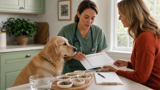 Veterinarian and owner reviewing food options and a symptom diary for a dog with colitis