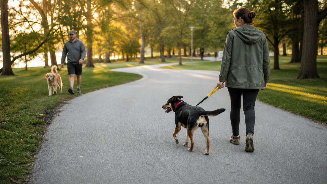 Dog wearing a red collar and yellow leash sleeve while another walker gives space