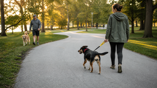 Dog wearing a red collar and yellow leash sleeve while another walker gives space