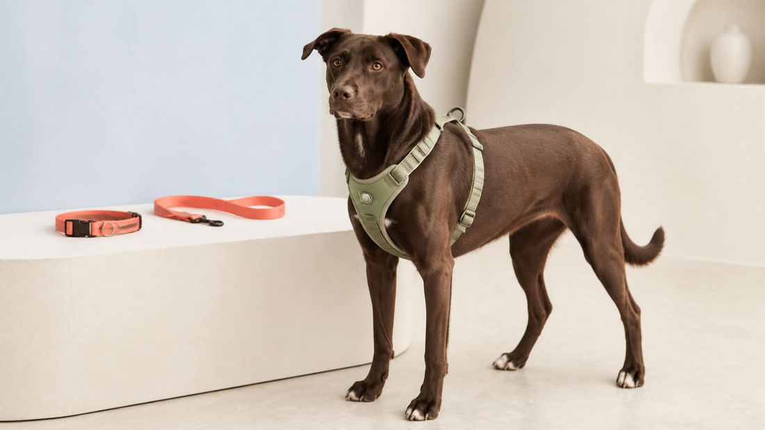 Chocolate dog wearing a sage Y-shaped harness beside a separate coral flat collar and leash