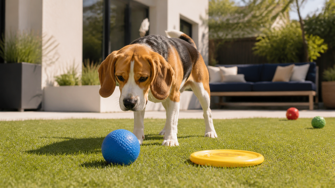 Beagle choosing between blue and yellow toys in a sunny backyard