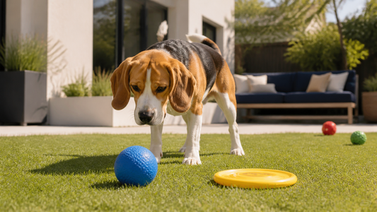 Beagle choosing between blue and yellow toys in a sunny backyard