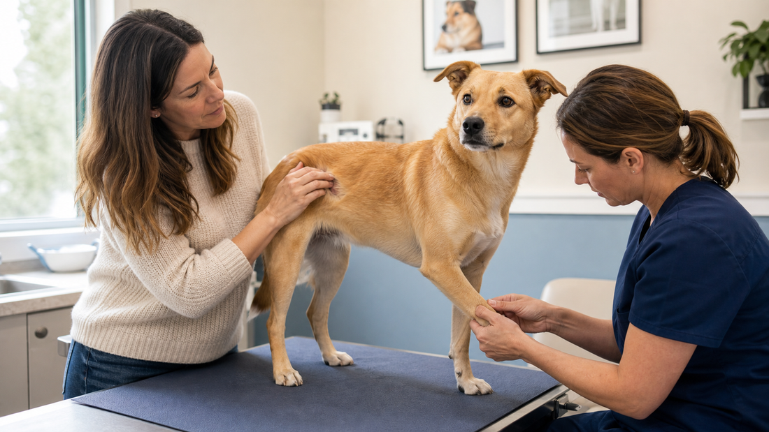 Owner and veterinarian checking a dog's flank and paw for causes of persistent itching