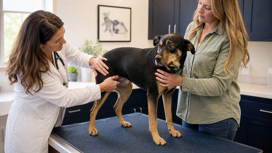Veterinarian gently examining a calm dog's abdomen for constipation while the owner reassures the dog