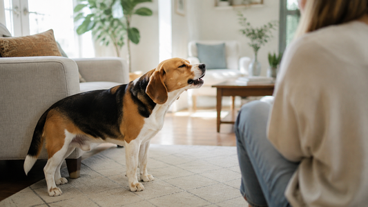 Tri-color beagle coughing briefly while its owner watches in a bright living room
