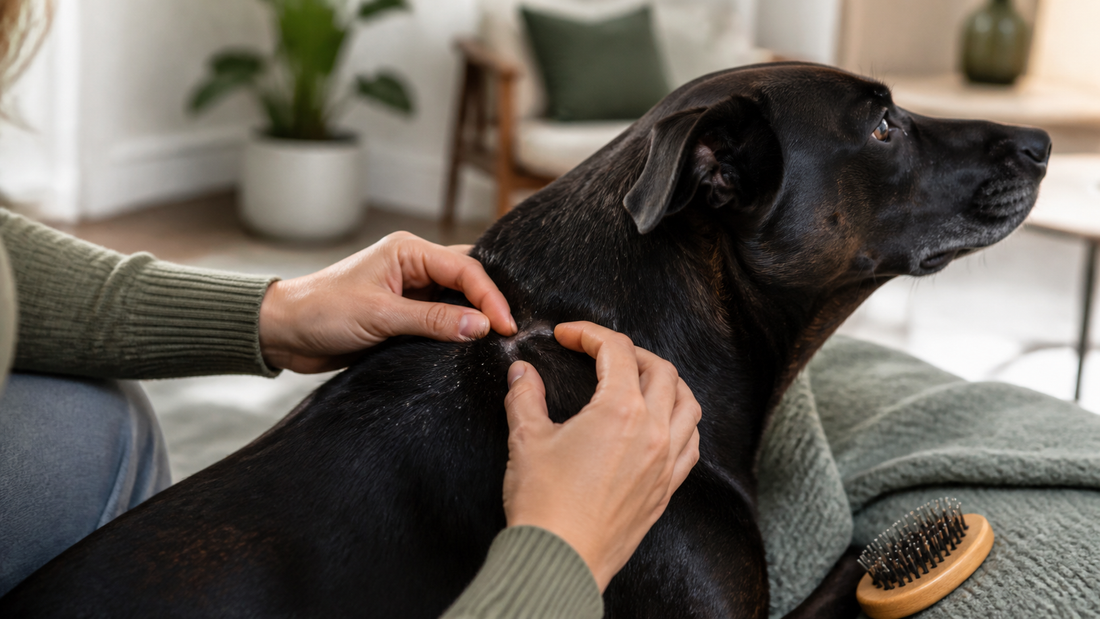 Owner parting a dog's coat to check visible dandruff flakes