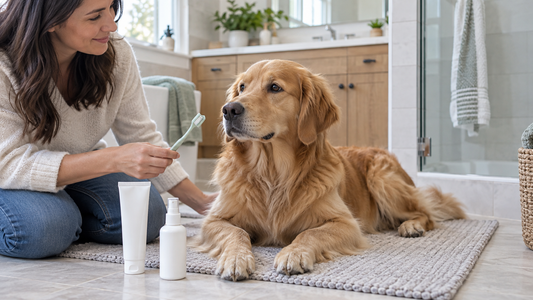 Adult Golden Retriever beside a dog toothbrush, plain pet toothpaste and plain dental spray