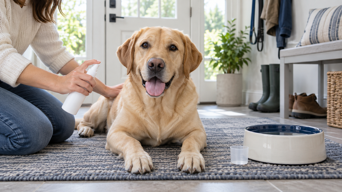 Adult Labrador beside a plain dental spray, measured water additive and clean water bowl