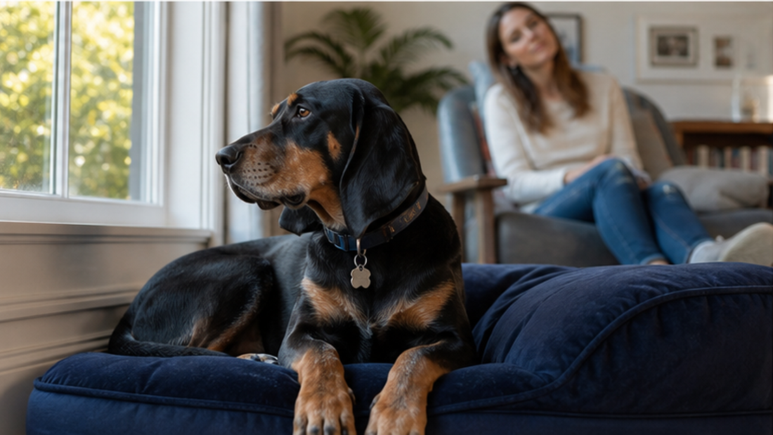 Black and tan coonhound resting quietly while its owner observes a behavior change