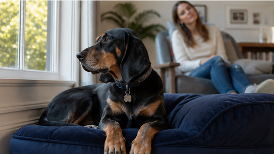 Black and tan coonhound resting quietly while its owner observes a behavior change