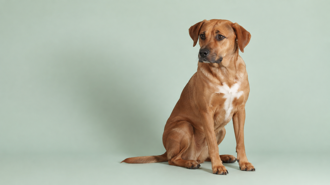 Reddish-brown mixed-breed dog sitting calmly against a pale mint background