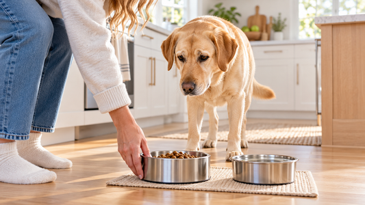 Owner serving a measured complete meal and fresh water to an adult Labrador