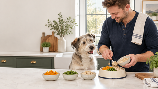 Adult mixed-breed dog beside a measured meal with several safe fiber sources in a US kitchen