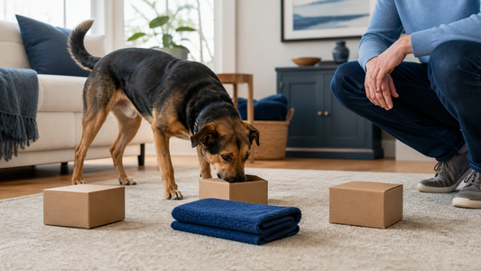 Dog and owner using open boxes and a folded towel for a safe supervised scent game