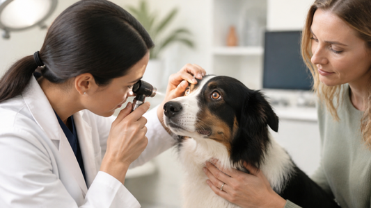 Veterinarian examining a dog's eyes with an ophthalmic light in a calm clinic