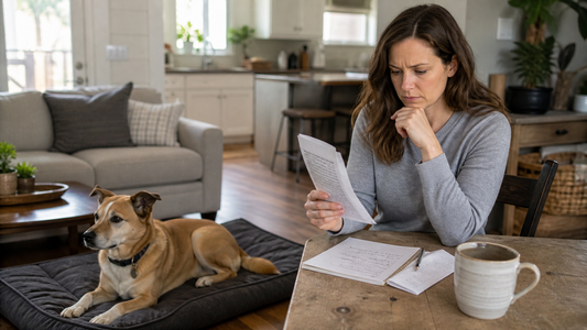 Concerned owner reviewing a dog food label while a relaxed dog rests nearby in a bright American living room