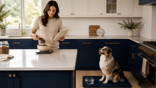 Owner weighing a complete dog meal while the dog waits beside fresh water